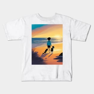 child playing with a dog on the beach. Kids T-Shirt